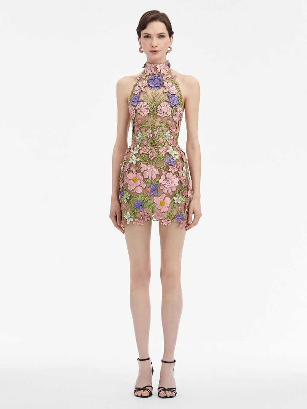 Floral Embroidery Halter Neckline Mini Dress