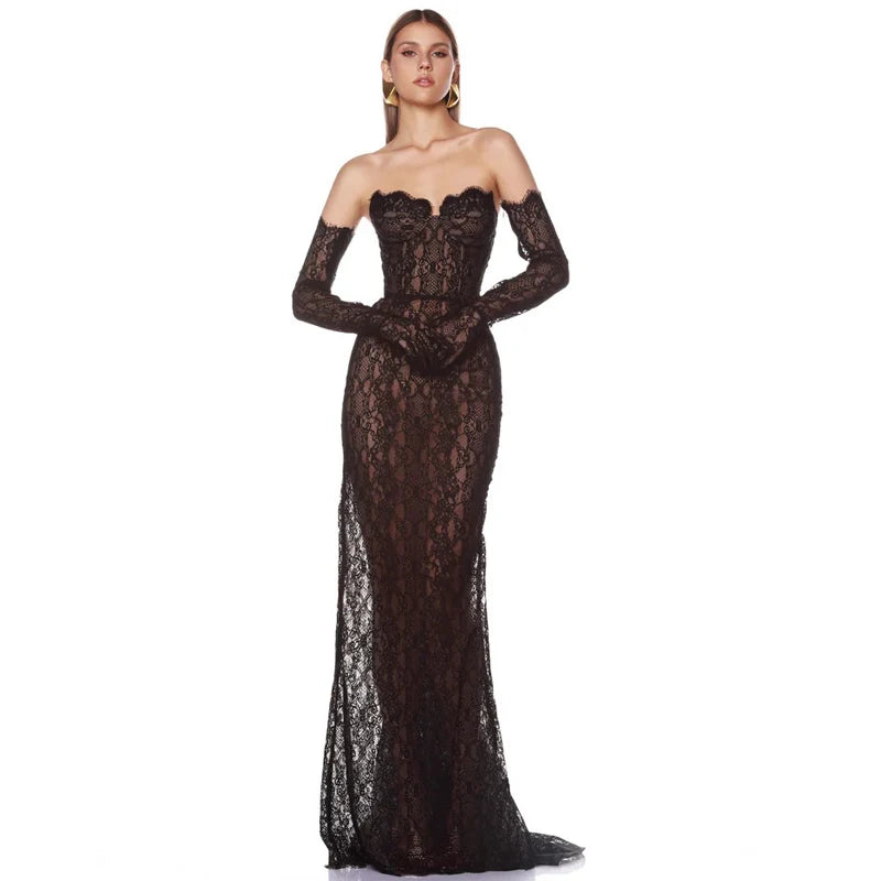 Strapless Lace Black Tie Gown Dress with Matching Lace Gloves