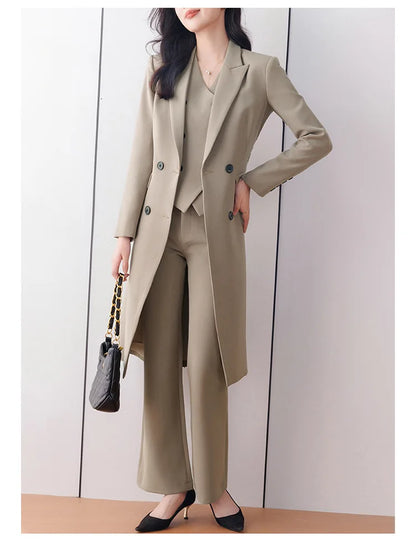 Women 3 Pcs Formal Suit Long Blazer, Vest, and  Straight Pants Suit