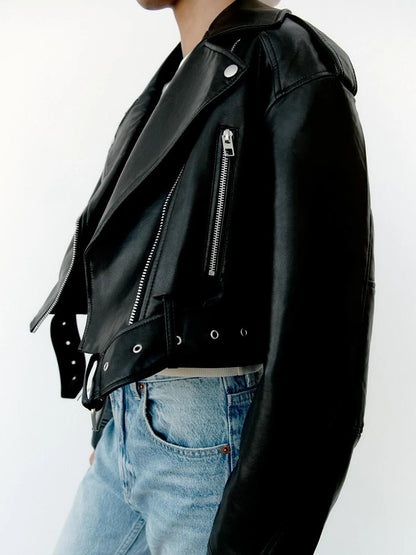 Black Cropped Leather Jacket With Belt