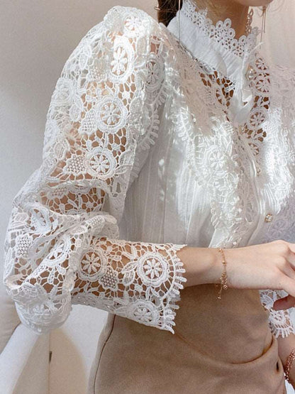 Feminine Petal Flower Cut out Sleeves Lace Blouse Button Shirt