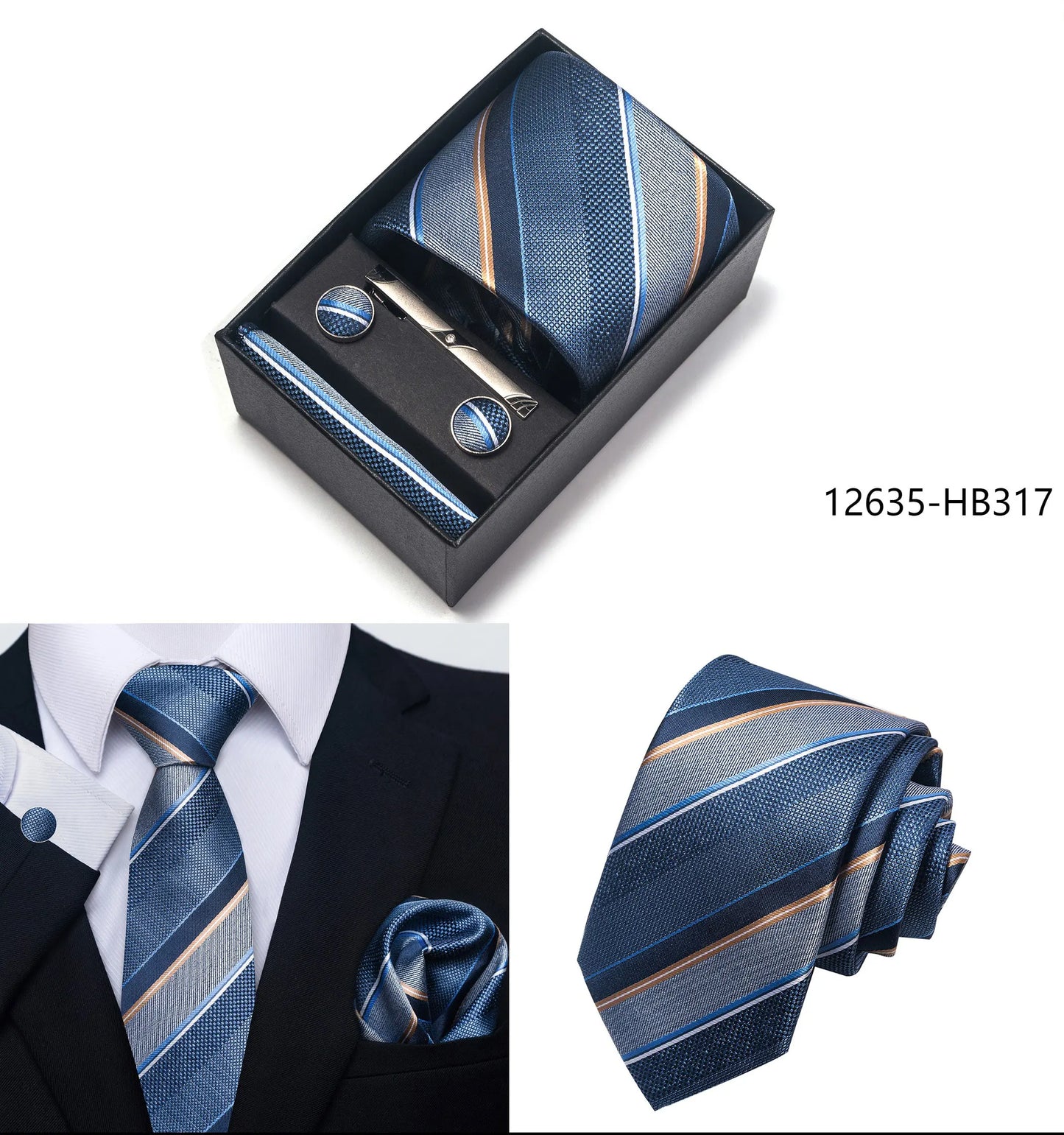 Solid Color 5 Pcs Tie Set Handkerchief, Cufflinks, Tie and Clip