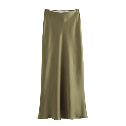 A-Line High Waist Satin Midi Skirt