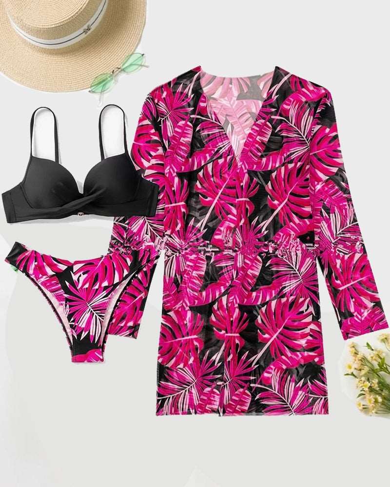 13 Color Floral 3 Pieces Low Waist Bikini Set with a Matching Cover-up Kimono