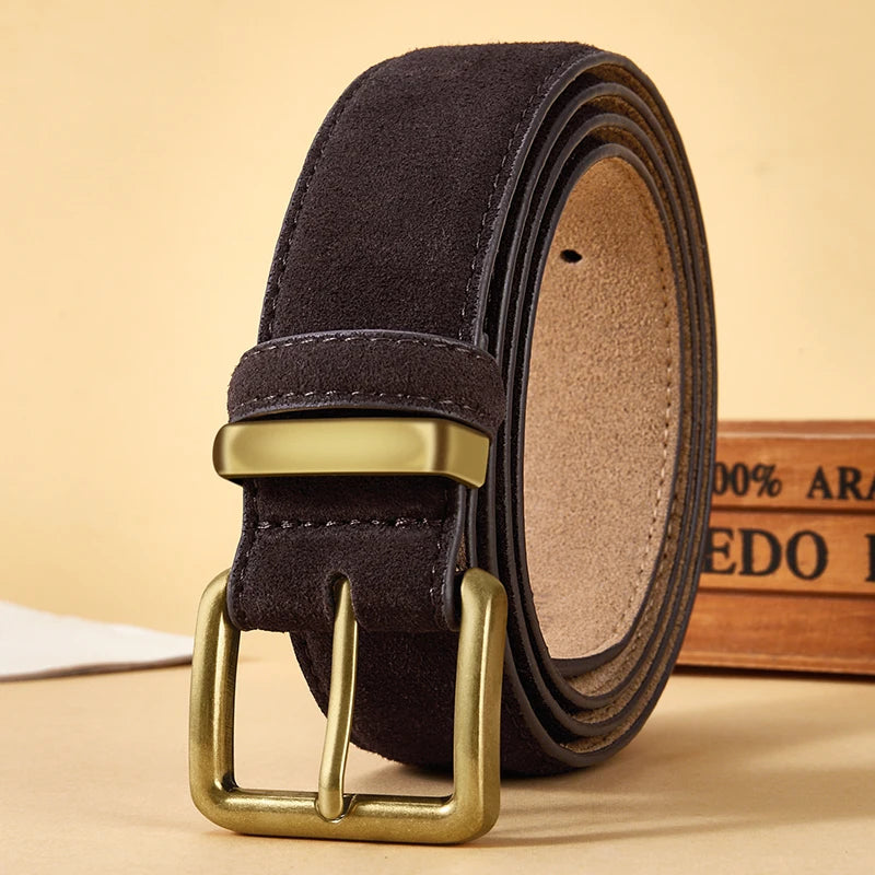 100% Suede Leather Belt for Women & Men with Gold Buckle