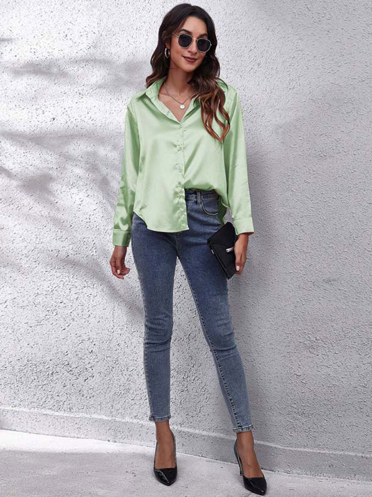 Loose Fit Satin Long Sleeve Button Up Blouse Shirt