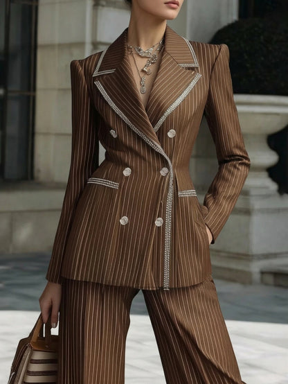 Striped Double Breasted Blazer And Wide Leg Pants Formal Suit