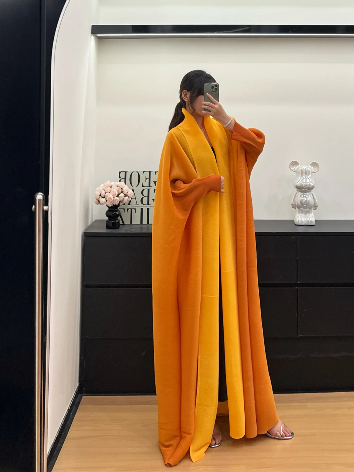 Crinkled Open Front Radiant Abaya – Bat Sleeve Throw-On Cardigan