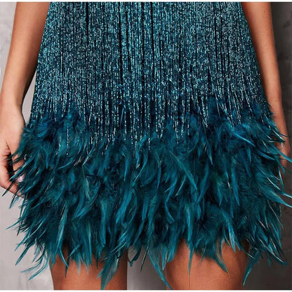 Spaghetti Straps Sequin Tassel and Feather Mini Dress