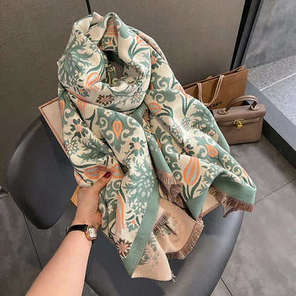 Double-Sided Tulip Flower Print Cashmere Pashmina Scarf