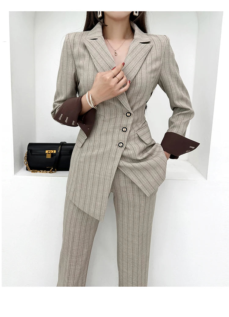 Women’s Khaki Striped Slim-Fit Suit – Tailored Blazer with Foldable Cuffs