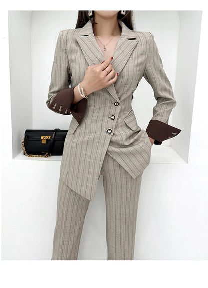 Women’s Khaki Striped Slim-Fit Suit – Tailored Blazer with Foldable Cuffs