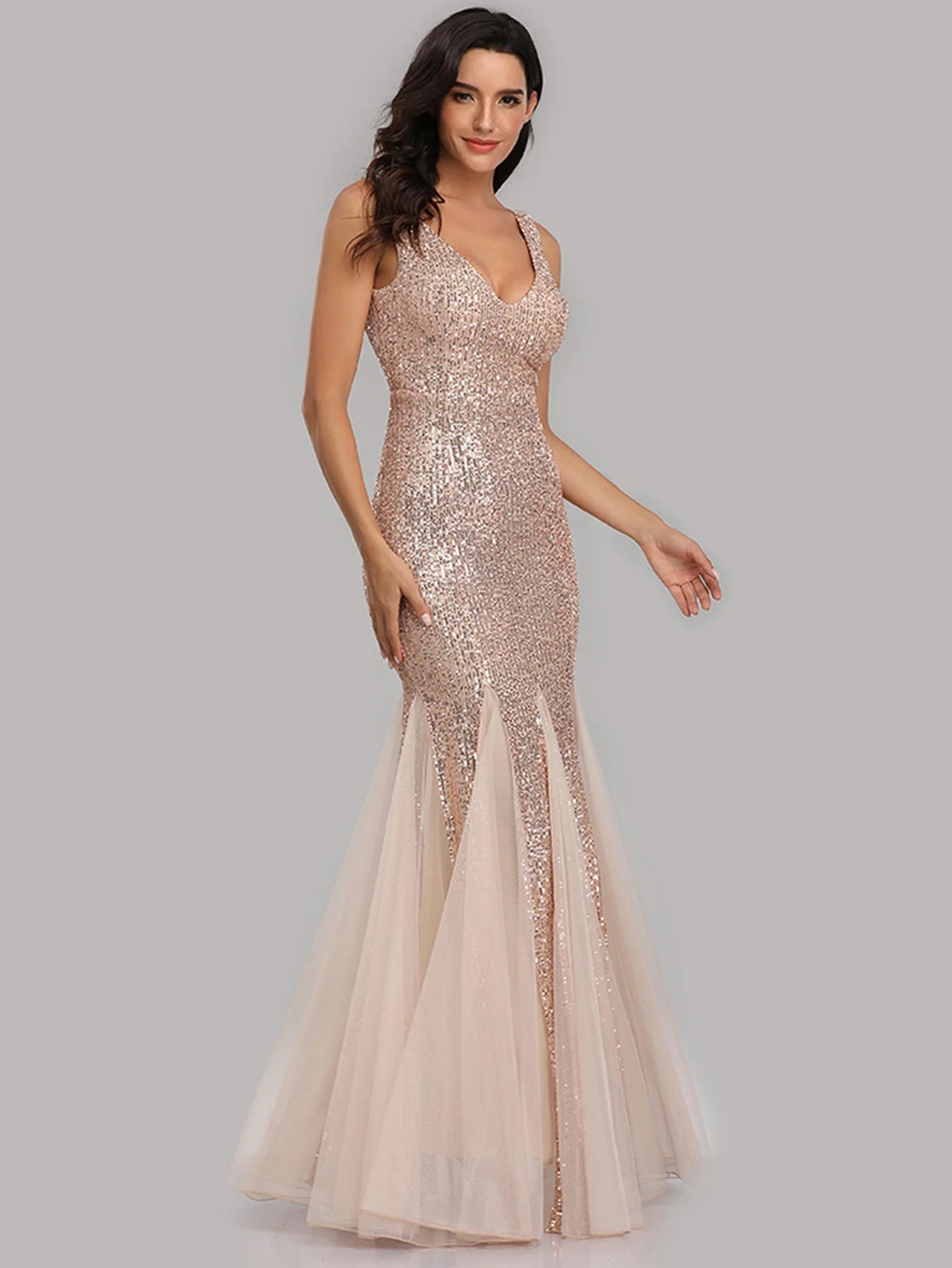 Sleeveless V Neckline Sequin Evening Dress