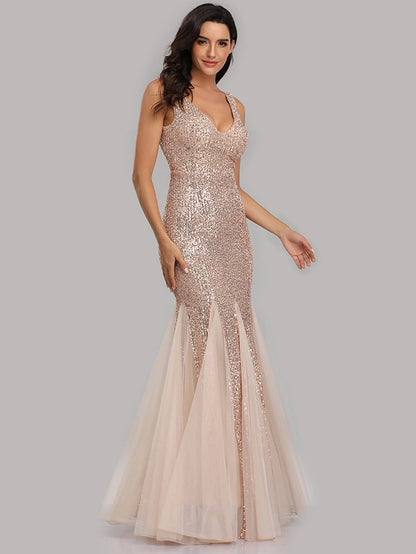 Sleeveless V Neckline Sequin Evening Dress