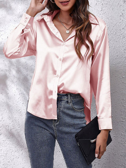 Loose Fit Satin Long Sleeve Button Up Blouse Shirt