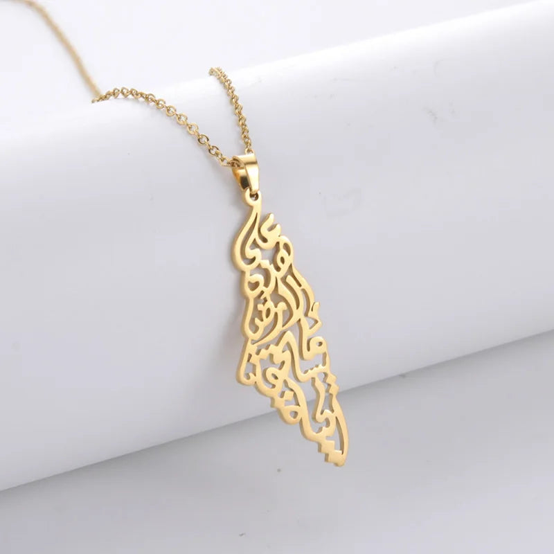 Palestine Map Pendant Necklace With Arabic Calligraphy "On this earth what is worth living"