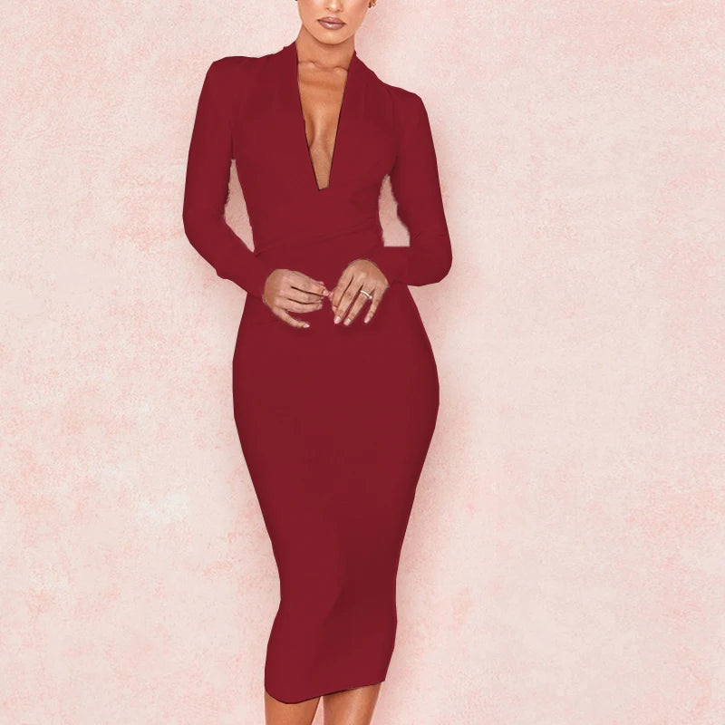 Long Sleeves Deep V Neckline Bodycon Midi Dress