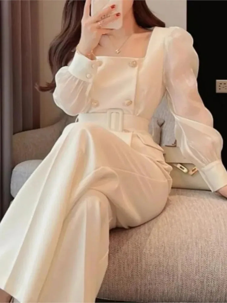 Square Neckline Top and Trousers Semi-Formal White Suit