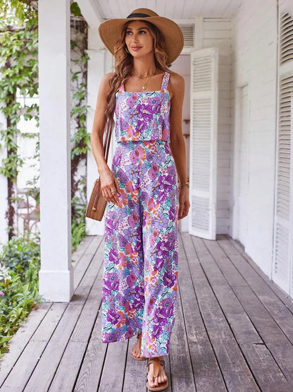 Floral Square Neckline Casual Wide Leg Jumpsuit