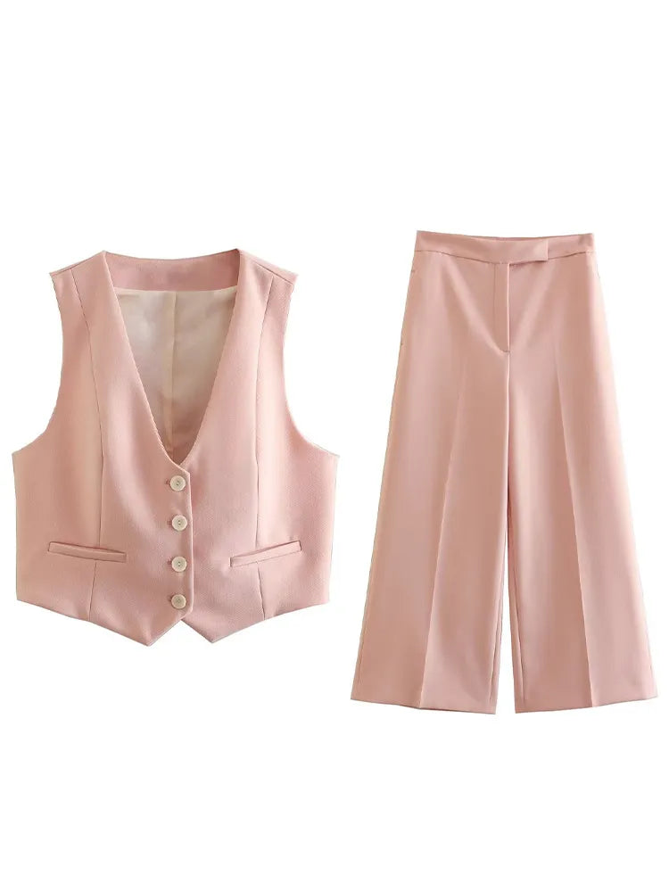 Light Pink Vest and Wide Leg Trousers Suit