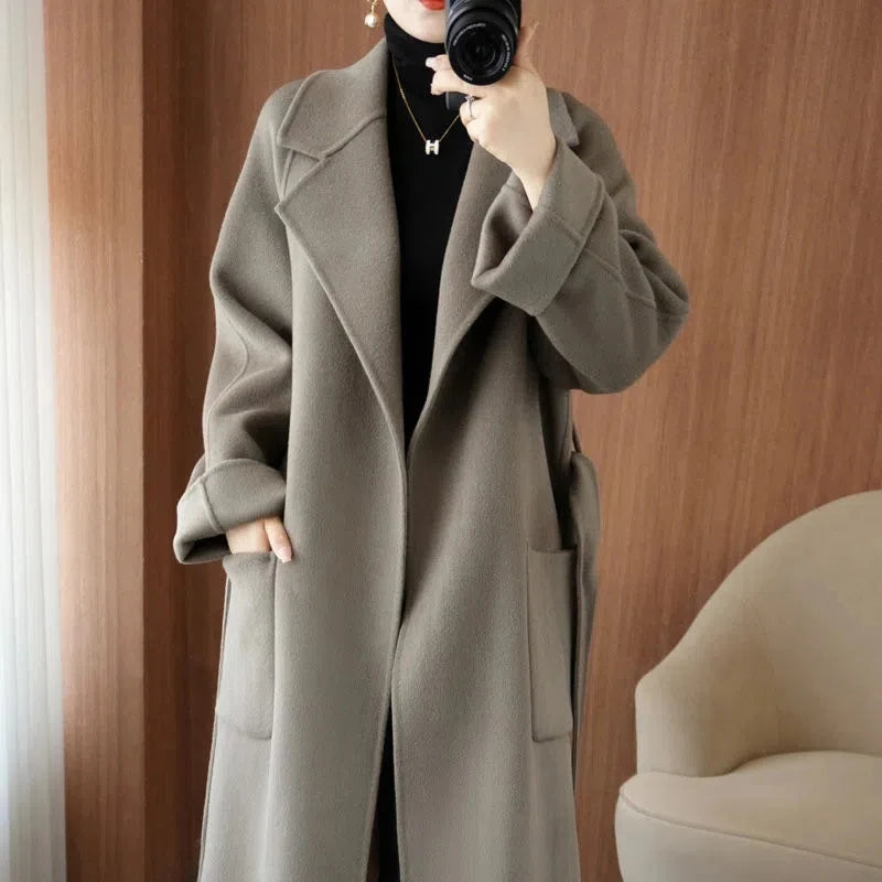 100% Cashmere-Wool Blend Belted Long Overcoat