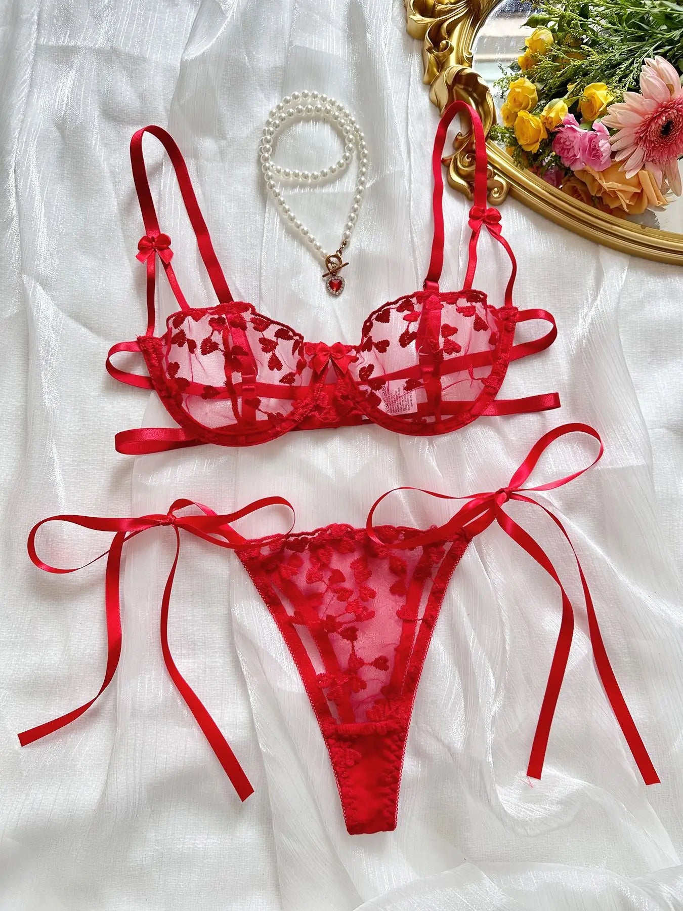 Heart Embroidery Lace Lingerie Set with Bow Details