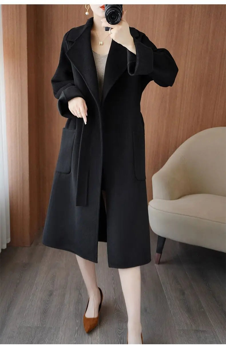 100% Cashmere-Wool Blend Belted Long Overcoat