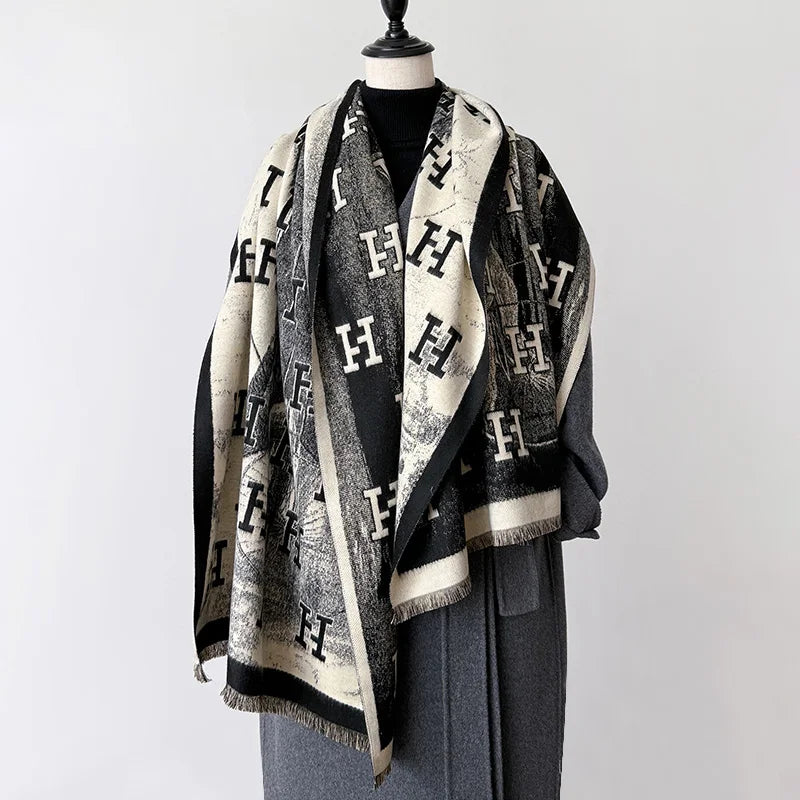 H Letter Cashmere Blend Winter Scarf Luxury Design Pashmina Scarf - Christmas Gift