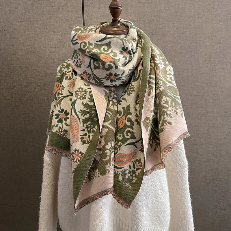 Double-Sided Tulip Flower Print Cashmere Pashmina Scarf