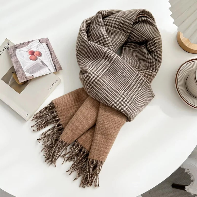 Double-Sided Cashmere Plaid Scarf With Tassel