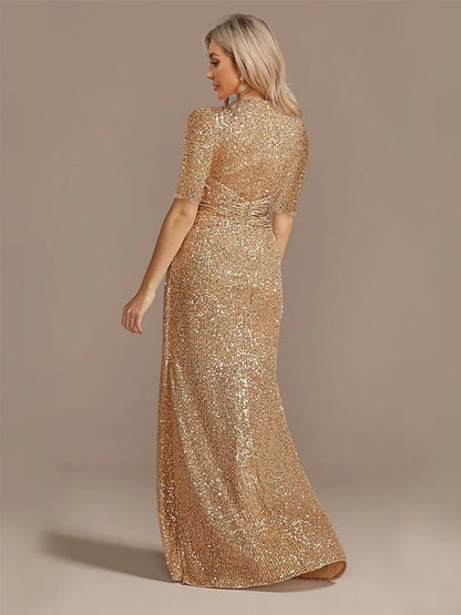 Short Sleeve V-Neckline Floor Length Evening Dress - Sequin Mother of the Bride Dress