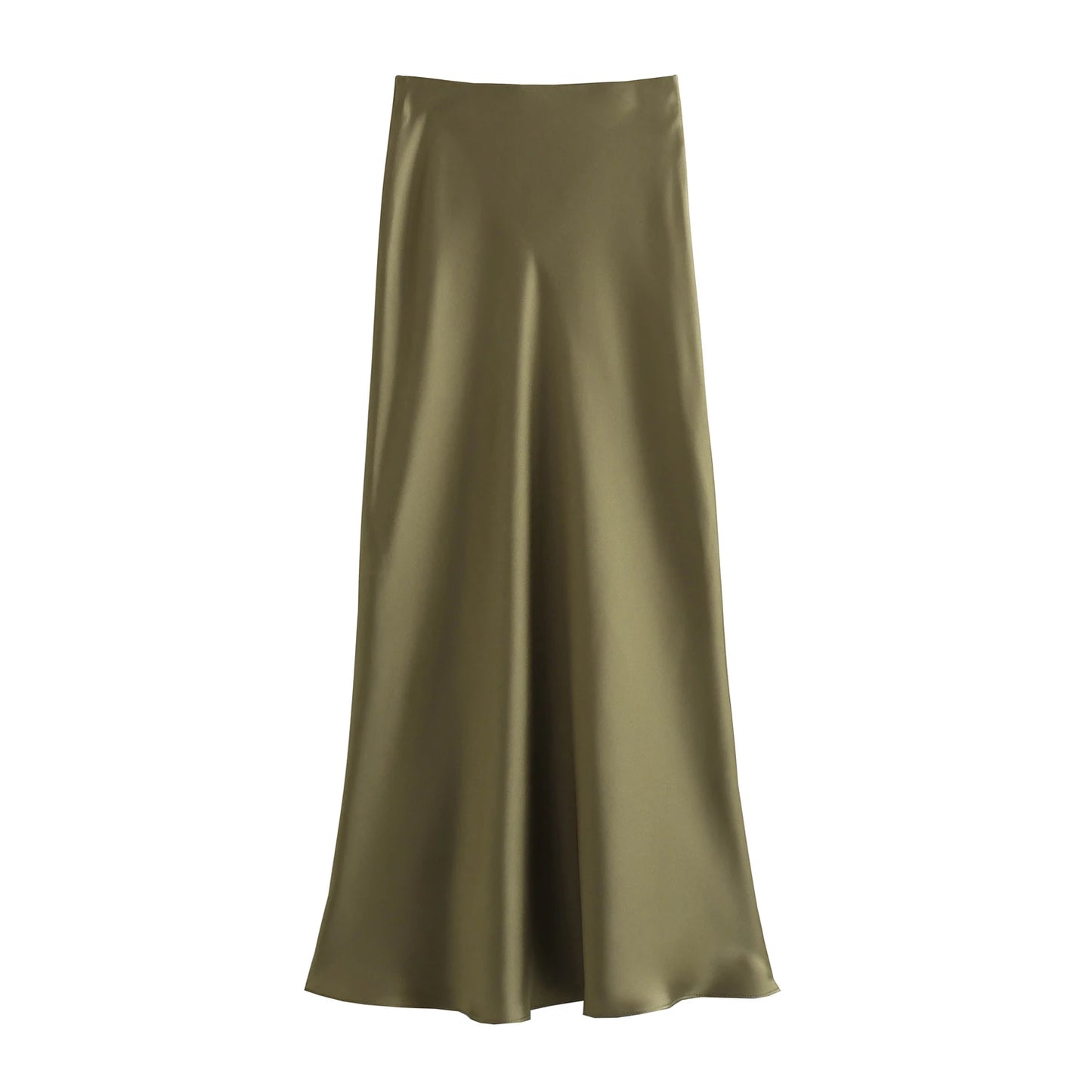 Flowing Satin Midi High Waist Flared Hem Skirt