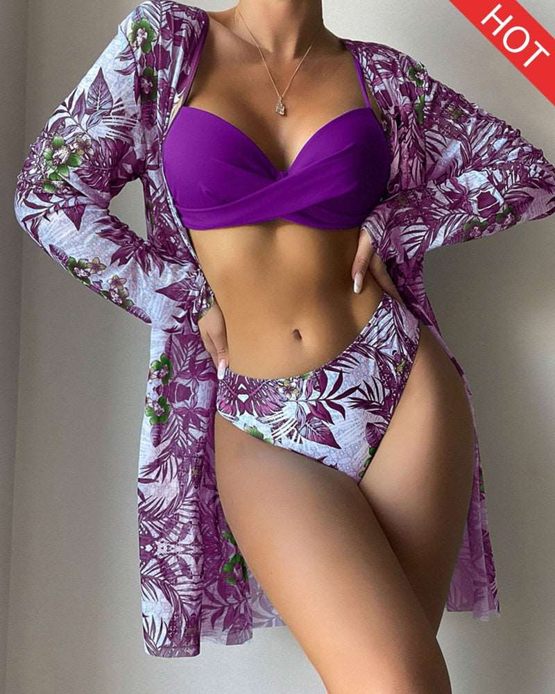 13 Color Floral 3 Pieces Low Waist Bikini Set with a Matching Cover-up Kimono