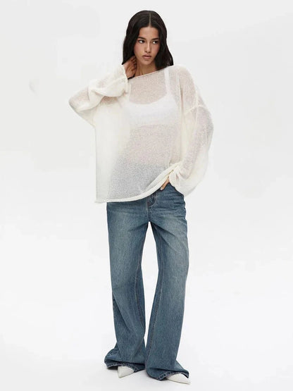 Long Sleeve Boat Neckline Loose Fit Pullover Sheer Sweater