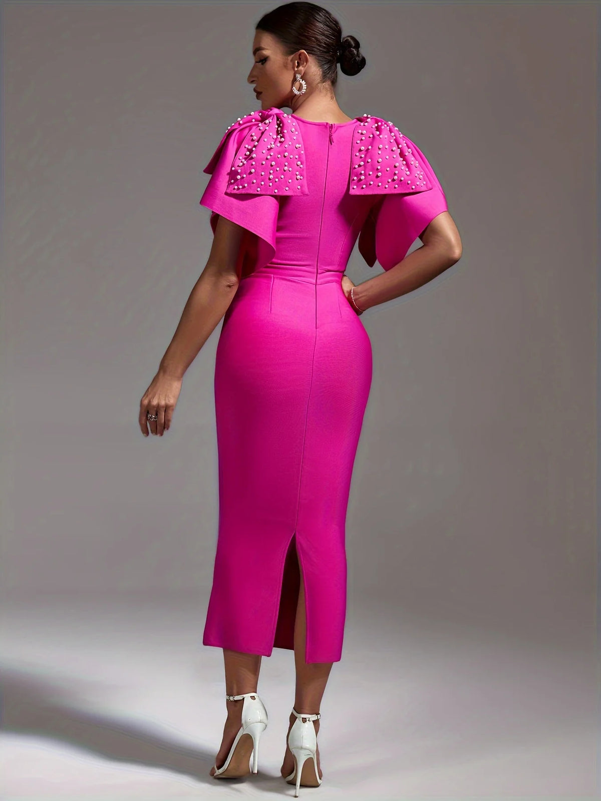 Crew Neckline Maxi Fuchsia Butterfly Sleeves Pearl Details Dress