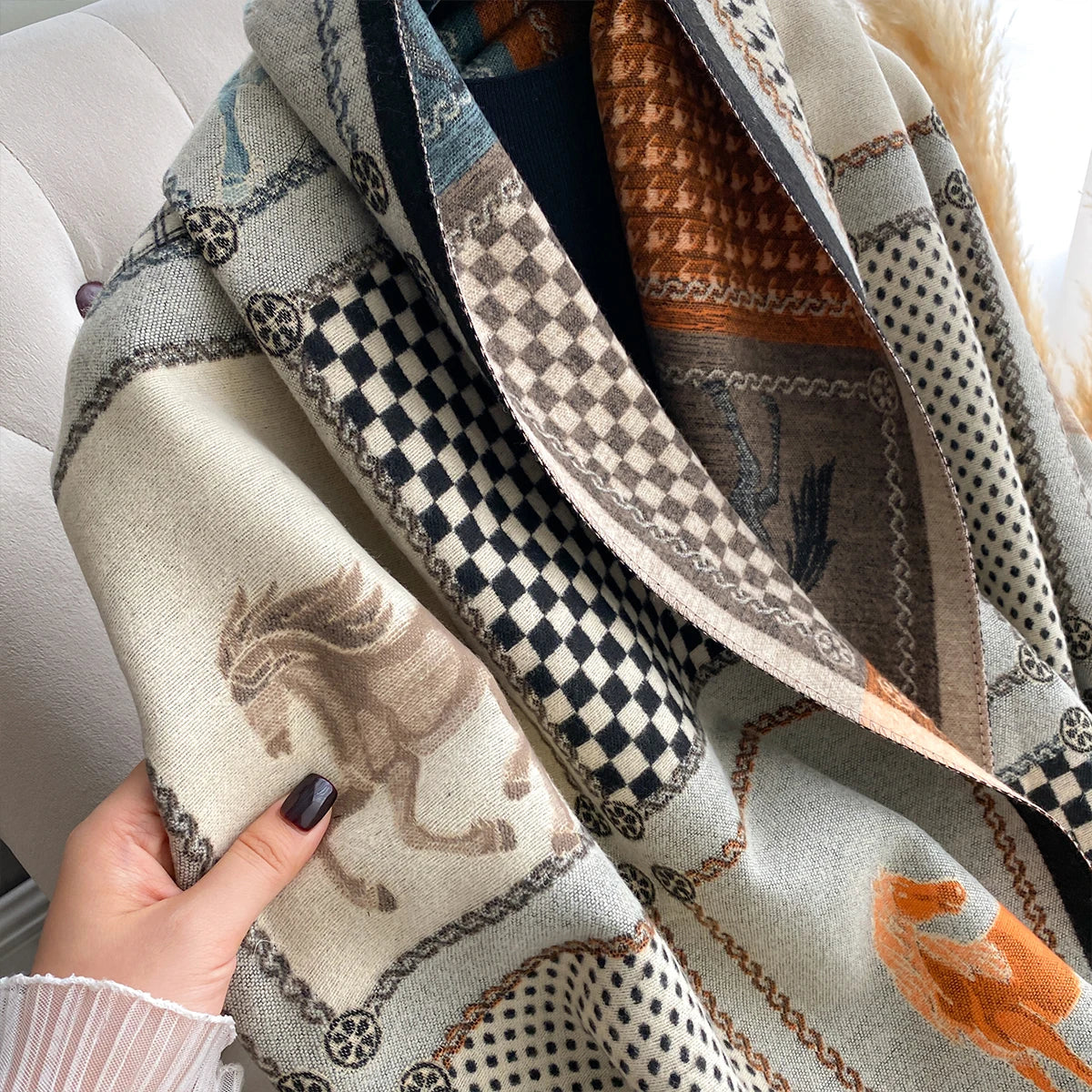 Double-Sided Horses Print Scarf