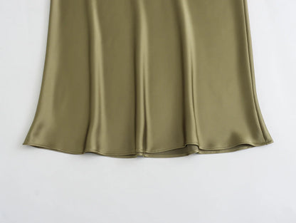 Flowing Satin Midi High Waist Flared Hem Skirt