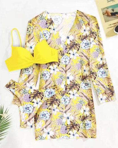 13 Color Floral 3 Pieces Low Waist Bikini Set with a Matching Cover-up Kimono