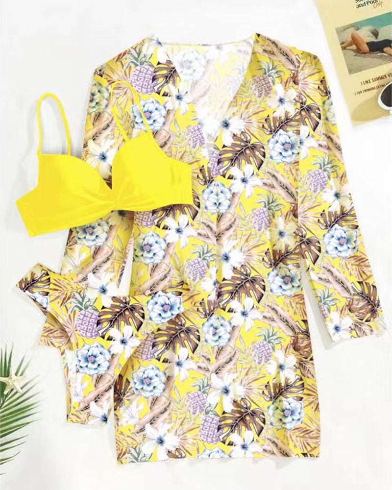 Floral 3 Pieces Low Waist Bikini Set with a Matching Cover-up Kimono