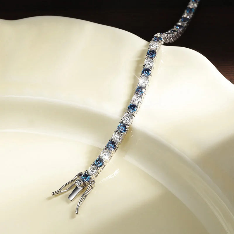 Blue Moissanite Tennis Bracelet - 18K Gold Pleated, GRA Certified
