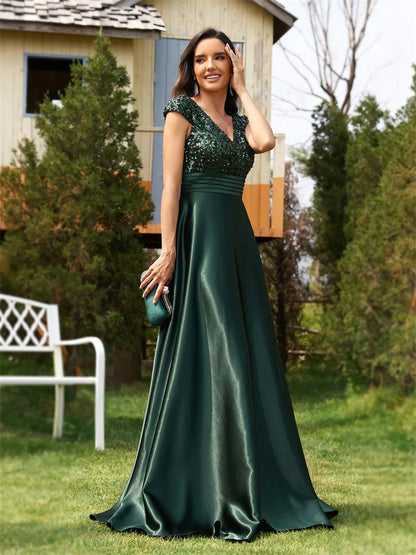 Cap Sleeves V-Neckline Satin Sequin Bridesmaid Dress – Emerald A-Line Gown