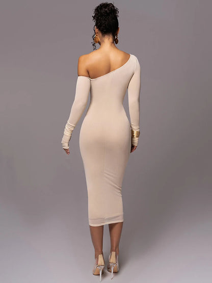 Long Sleeves Two Layer Mesh Midi Bodycon Dress