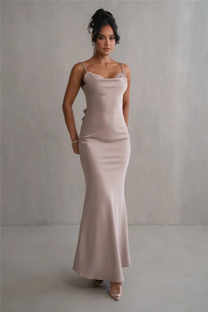 Spaghetti Straps Backless Flowers Back Details Satin Dress - Bridesmaid Dress