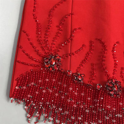 Beaded Tassel Square-Neck Mini Bandage Dress