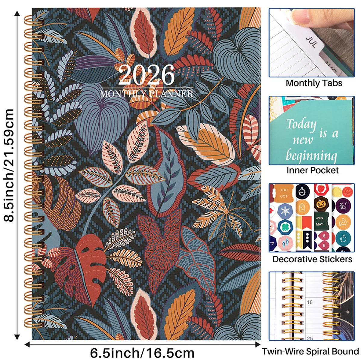 Tree Leaves Design 2026 Weekly / Monthly Planner - A5 Agenda with Stickers