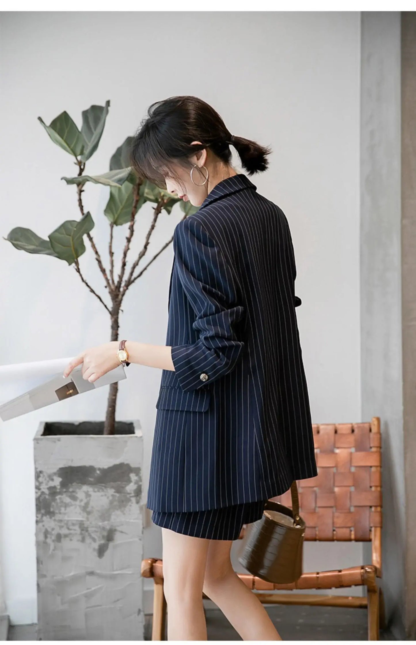 Navy Blue Striped Loose Cut Blazer and Shorts Suit