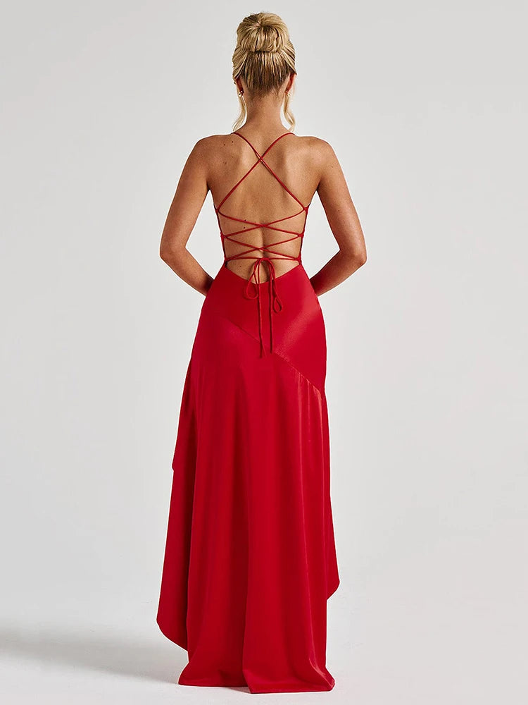 Backless Spaghetti Straps Asymmetrical Length Dress - Bridemaids Dress