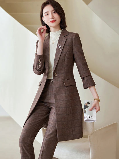 Plaid Long Blazer and Trousers Women's Formal Suit