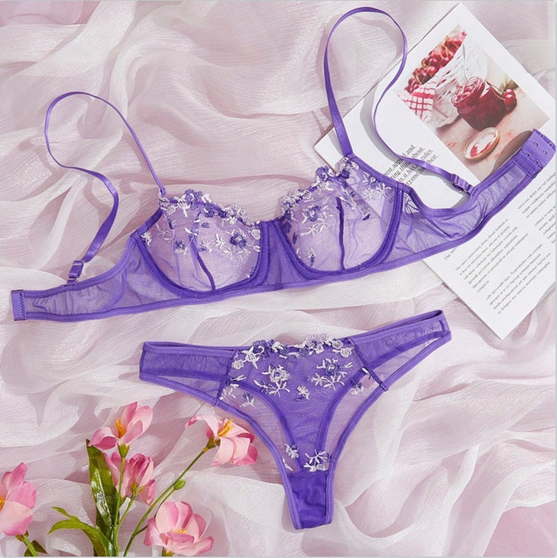 Floral Embroidery Lingerie Set Lace Bra and Thong Set