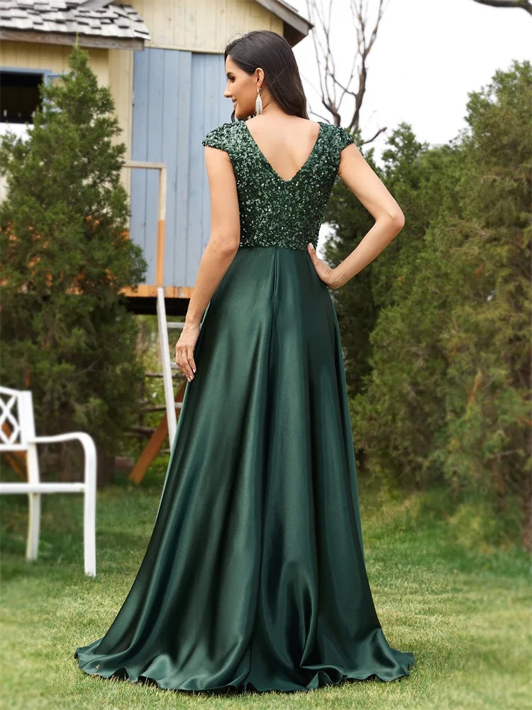 Cap Sleeves V-Neckline Satin Sequin Bridesmaid Dress – Emerald A-Line Gown